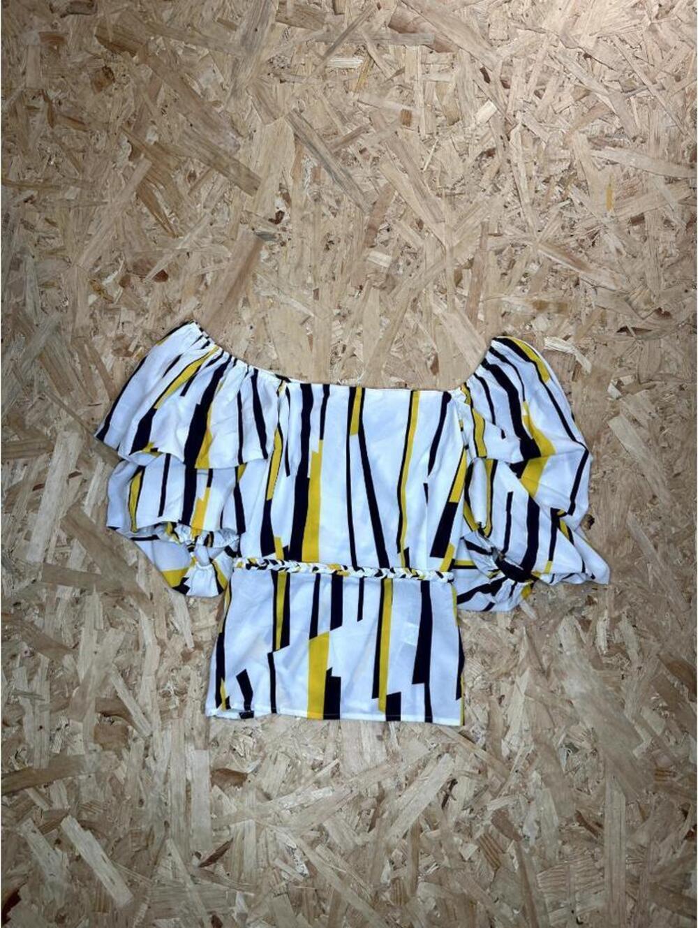 Lulumari Off The Shoulder Top Womens Medium White Yellow Black Striped Blouse
